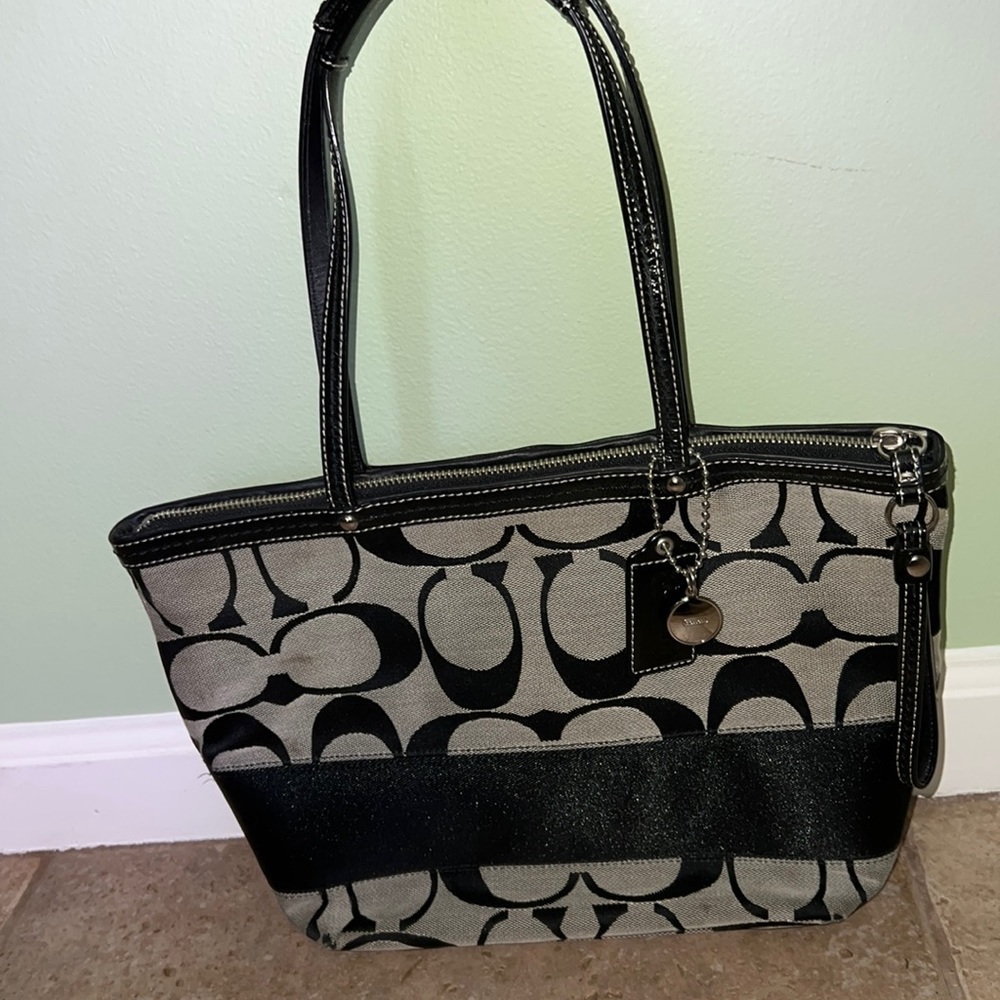 Coach Signature Black Stripe Patent Leather Trim Tote Bag